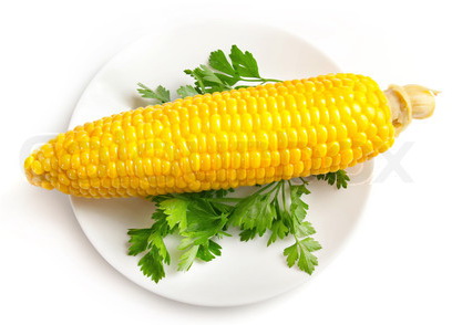 Boiled Corn On The Plate With Green Parsley Isolated